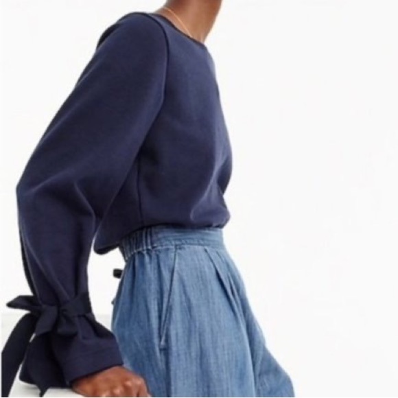 J Crew Navy Tie Bell Sleeve Sweatshirt Pull Over Crew Neck Wrist Bow XSmall - Picture 2 of 9